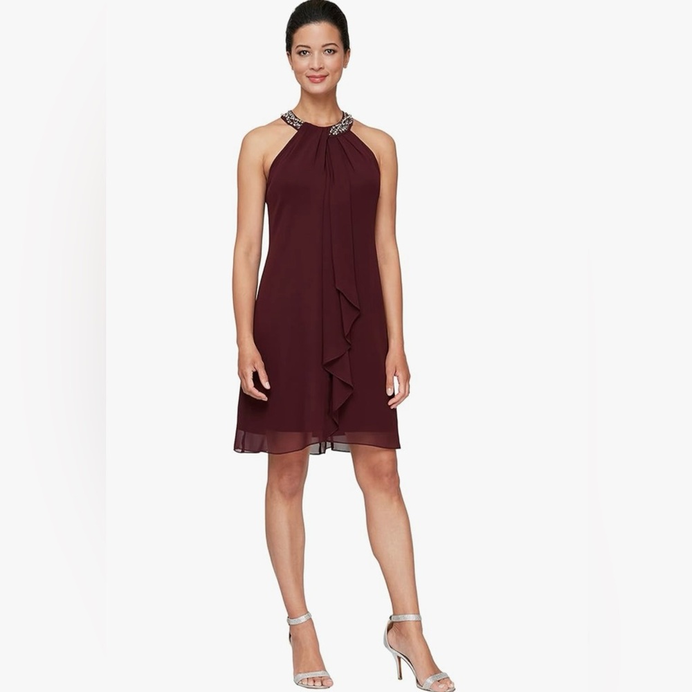 NWT SLNY Beaded Chiffon Halter Dress - 14
